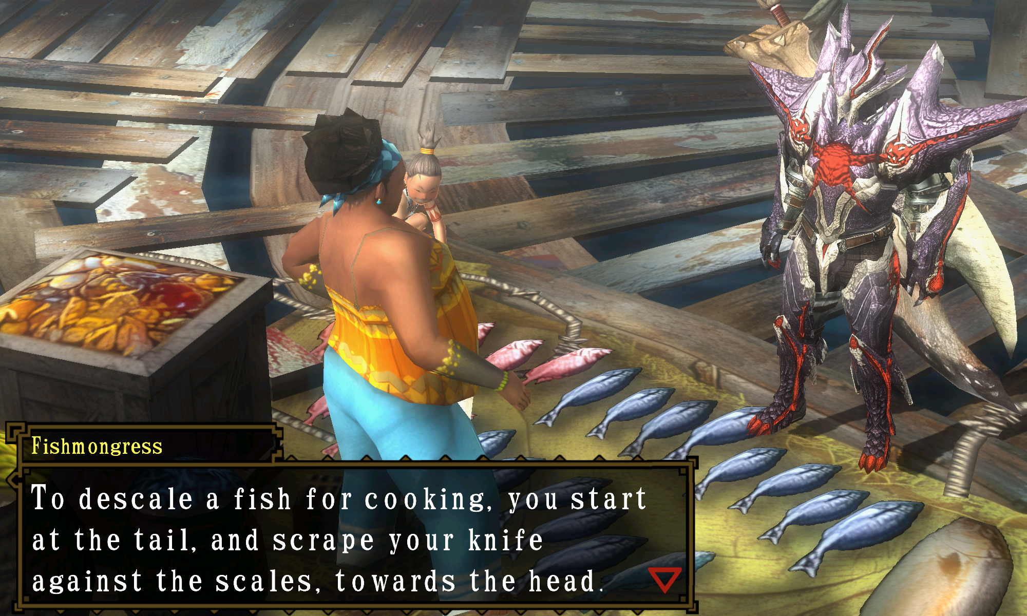 Gameplay scene with English dialogue box and restored UI text rendering.