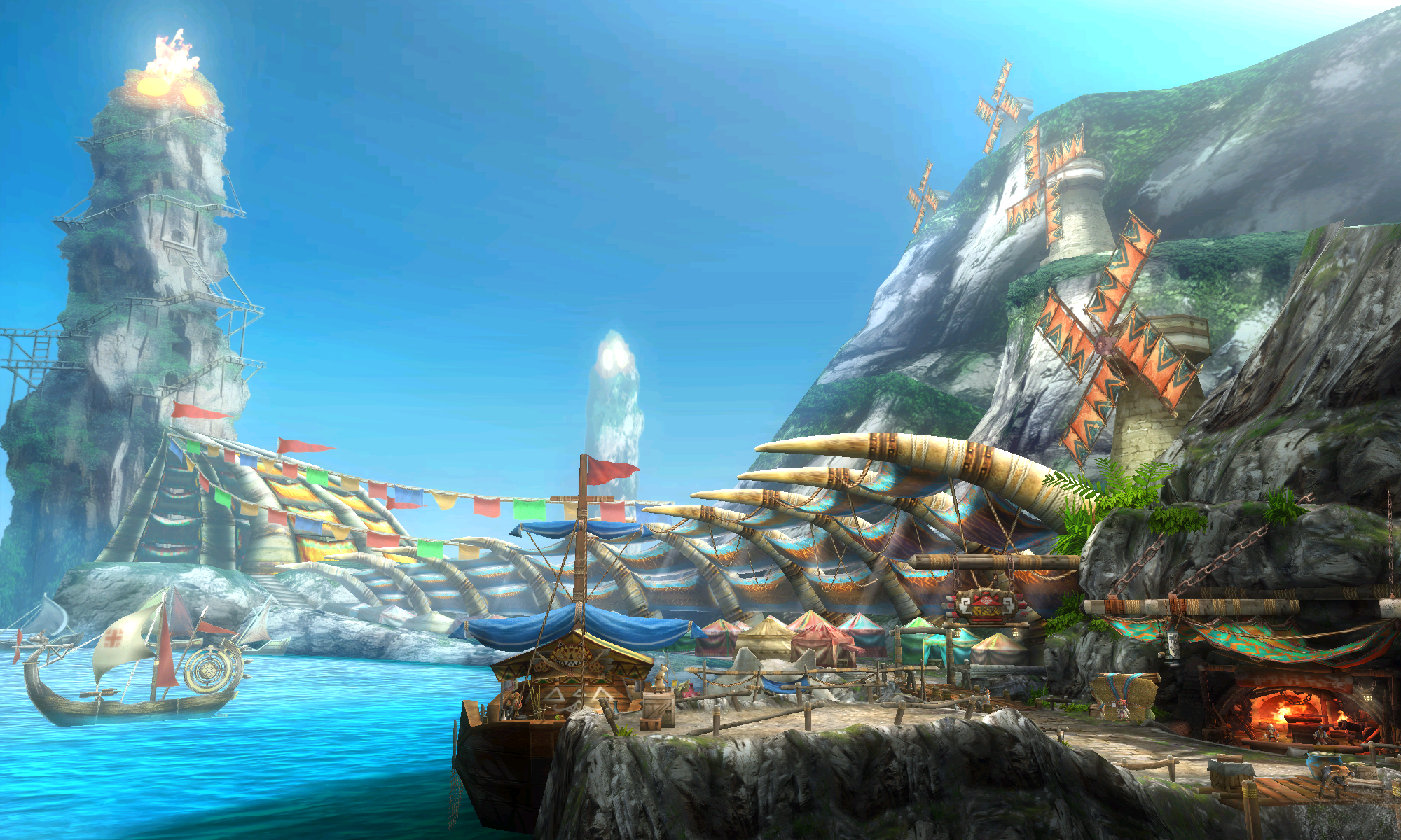 Tanzia Harbor scene showing restored dock, water, and hub environment detail.